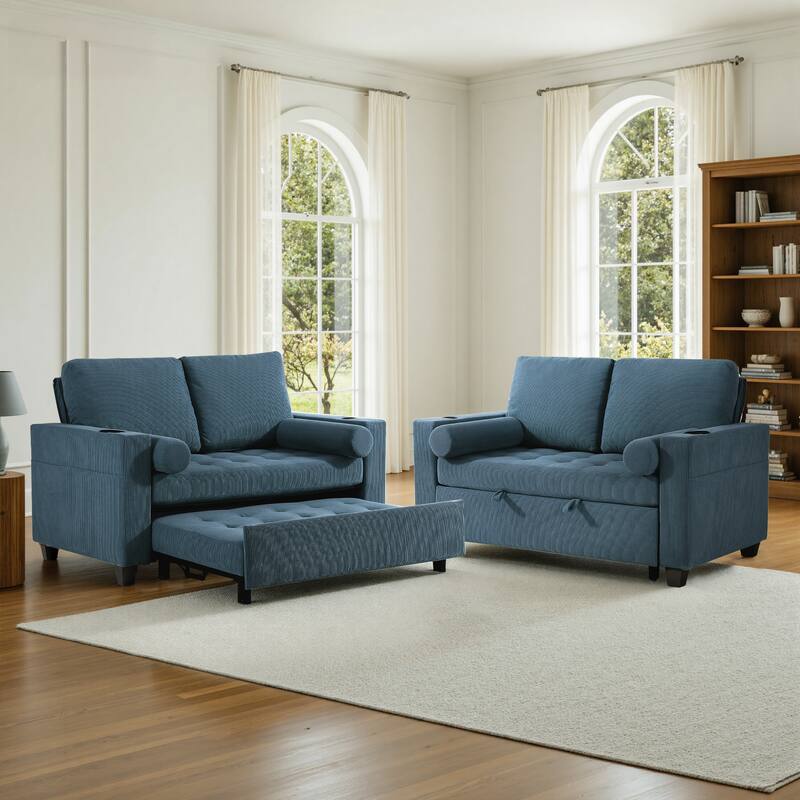 2 Set Corduroy Convertible Sleeper Sofa Bed Loveseats with Cup Holder, USB Ports