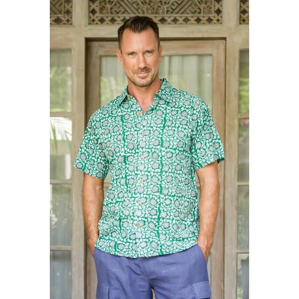 Novica Handmade Aqua Lotus Mens Cotton Shirt - Bed Bath & Beyond - 41280939