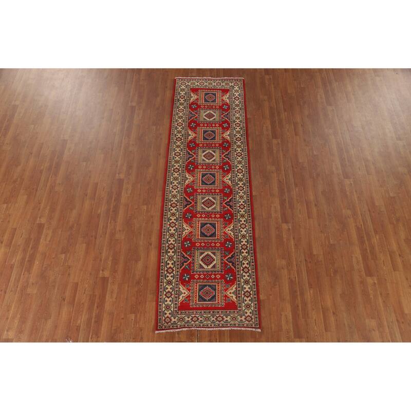 Geometric Kazak Runner Rug Hand-Knotted Red Wool Carpet - 2'9" x 9'4"