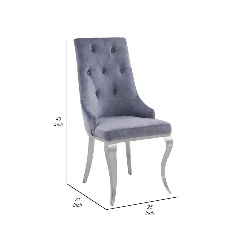 Side Chair with Button Tufting and Metal Legs, Set of 2, Gray and Silver