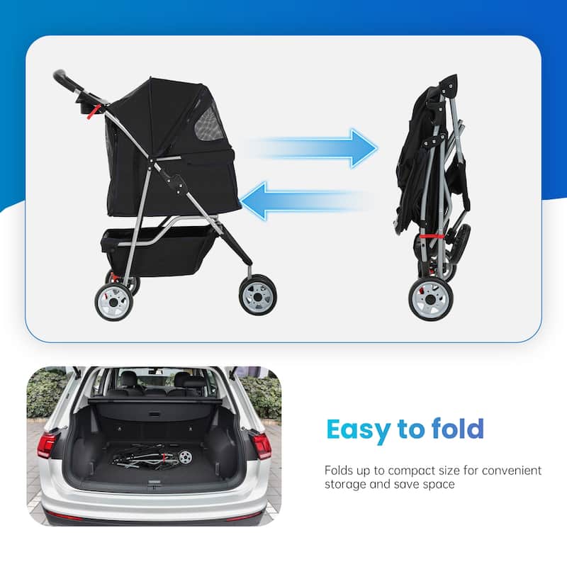 Buster Black 3-Wheel Pet Stroller Waterproof Travel Folding Carriage with Mesh Window by Furniture of America