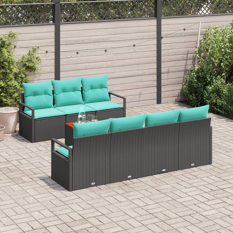 vidaXL 8 Piece Garden Sofa Set with Cushions Black Poly Rattan Acacia - 90.6×24.4×27.2