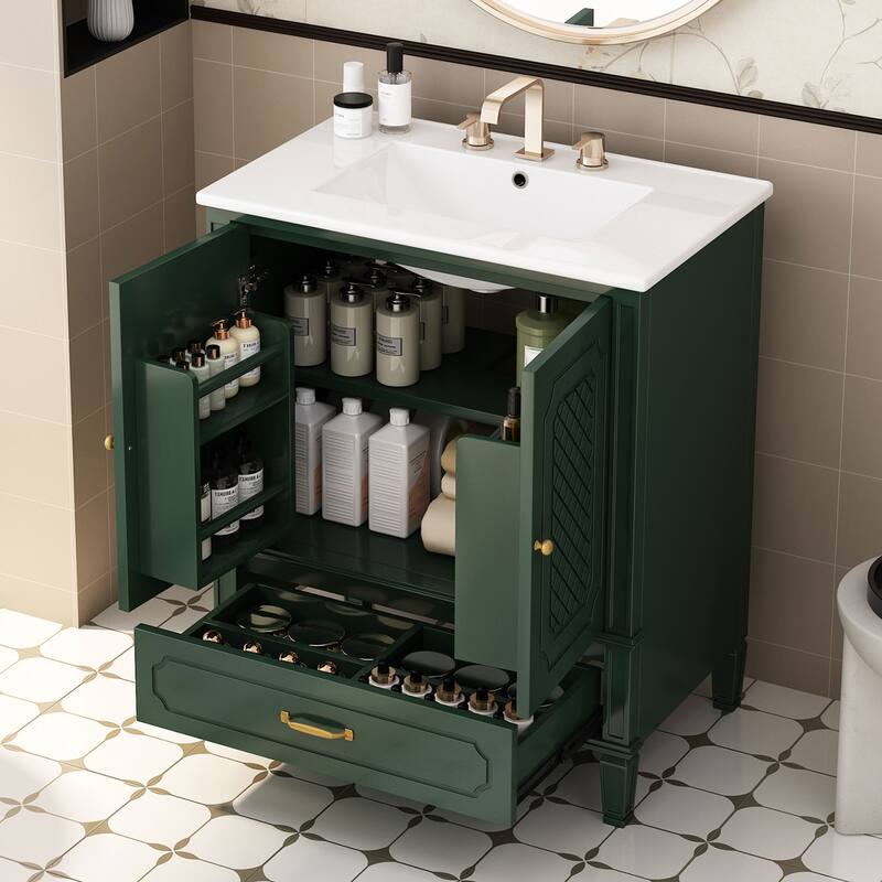 Roomfitters 30" Vintage Style Bathroom Vanity with Ceramic Sink, Customizable Storage Drawer and Soft-Close Door