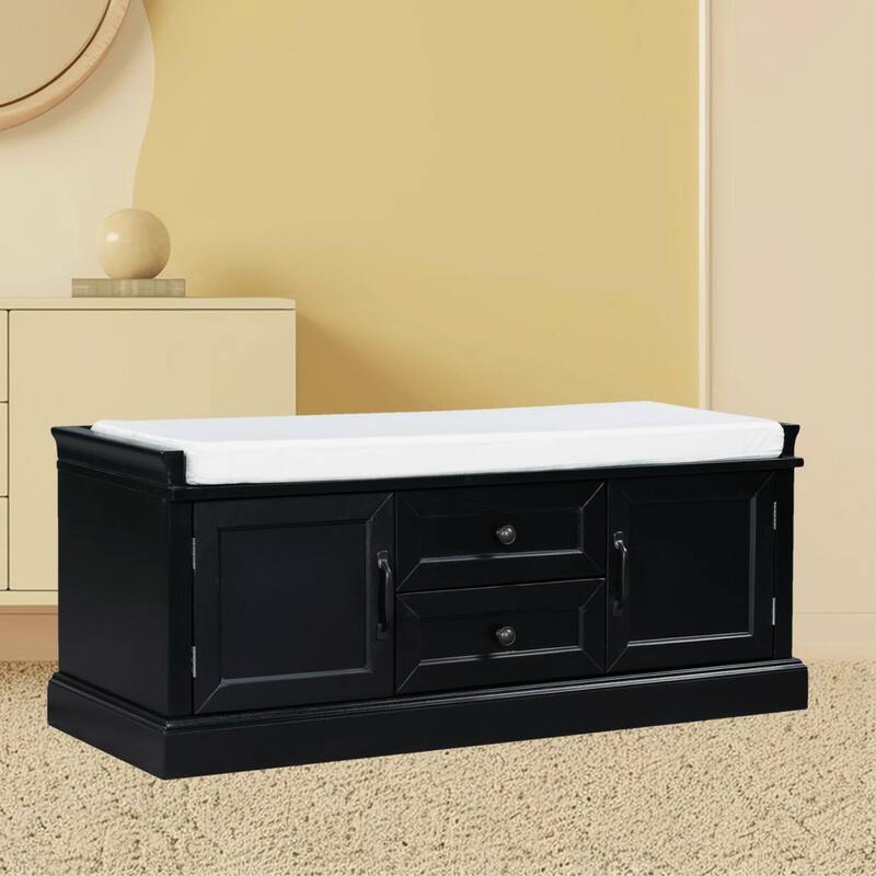 Functional Shoes Storage Bench with Velvet Cushion, 2 Drawers, 2 Cabinets, Perfect for Entryway, Hallway or Foyer Organizer - Black