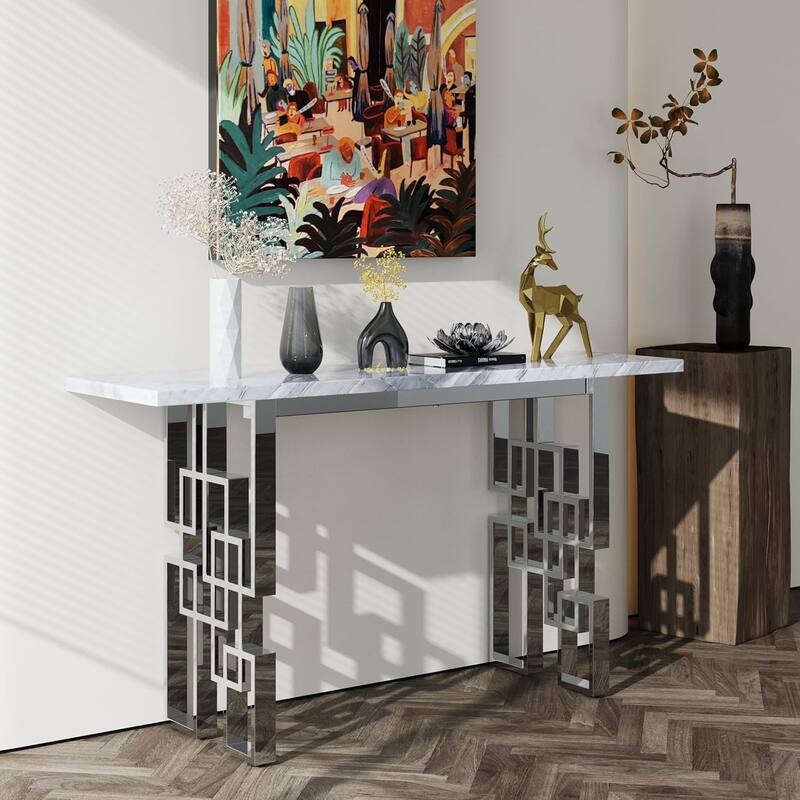 Modern Console Table 55 inch Sofa Table with High Gloss Top and Mirrored Metal Base for Entryway Living Room