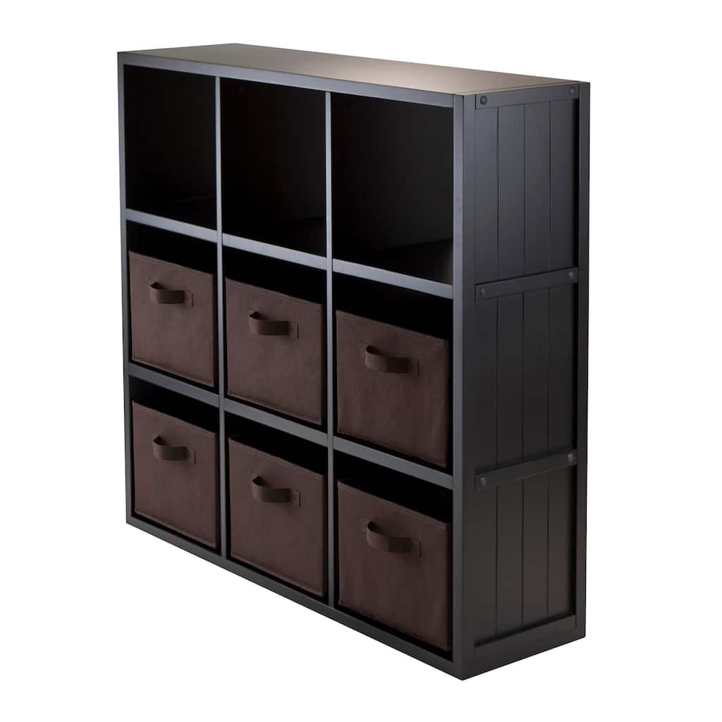Timothy 7-Pc 3x3 Storage Shelf with 6 Foldable Fabric Baskets, Black and Chocolate - 37.76 x 11.81 x 40.08 inches