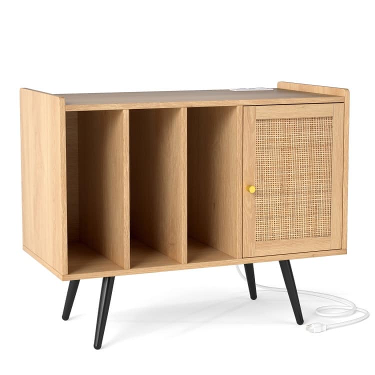 Natural Engineered Wood Rattan Record Player Stand with USB and AC Outlets - 31.5" x 16" x 25.5"