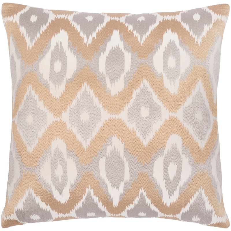 Krishae Ikat Embroidered Throw Pillow - Gray/Tan - 22"H x 22"W - Down