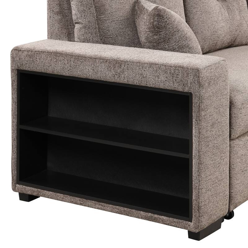 95" Pull-Out Sleeper Sofa w/ Side Shelf & 2 Stools, Storage Chaise