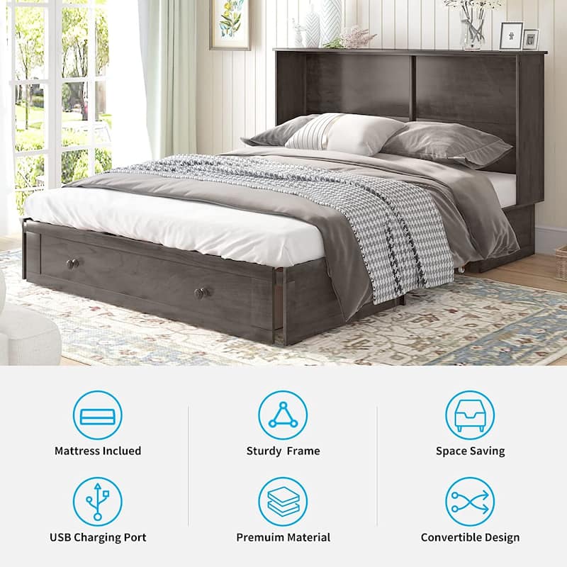 Mixoy Murphy Bed with Charging Station,Built-in Mattress