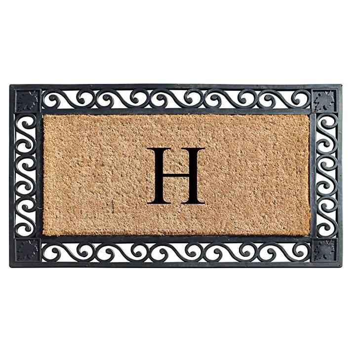 A1HC Rubber and Coir Maple Leaf, Heavy Weight Durable Monogrammed Doormat, 23"X38" Black - H