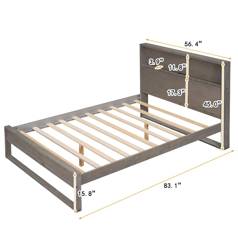 Antique Gray Full Size Modern Rustic Platform Bed With Socket And Usb ...