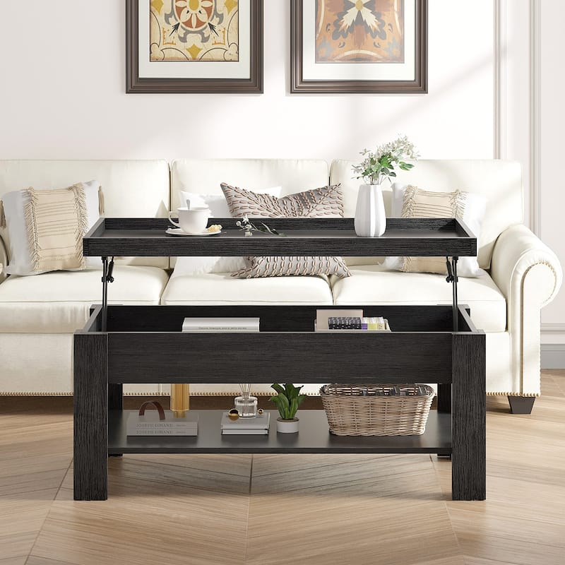 VECELO Lift Top Coffee Table with Hidden Storage and Open Shelves–Modern Center Table for Living Room and Small Spaces