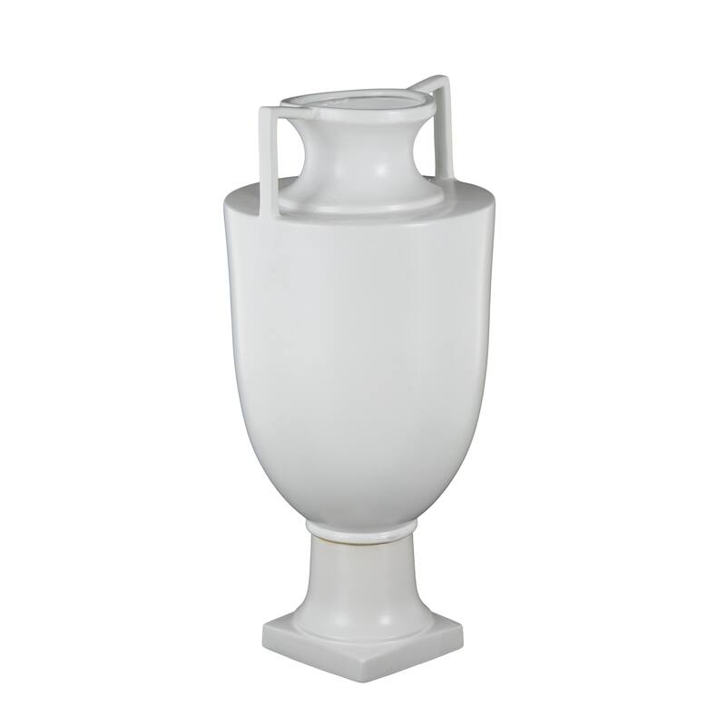 White Ceramic Fluted Urn Shaped Decorative Vase with Handles