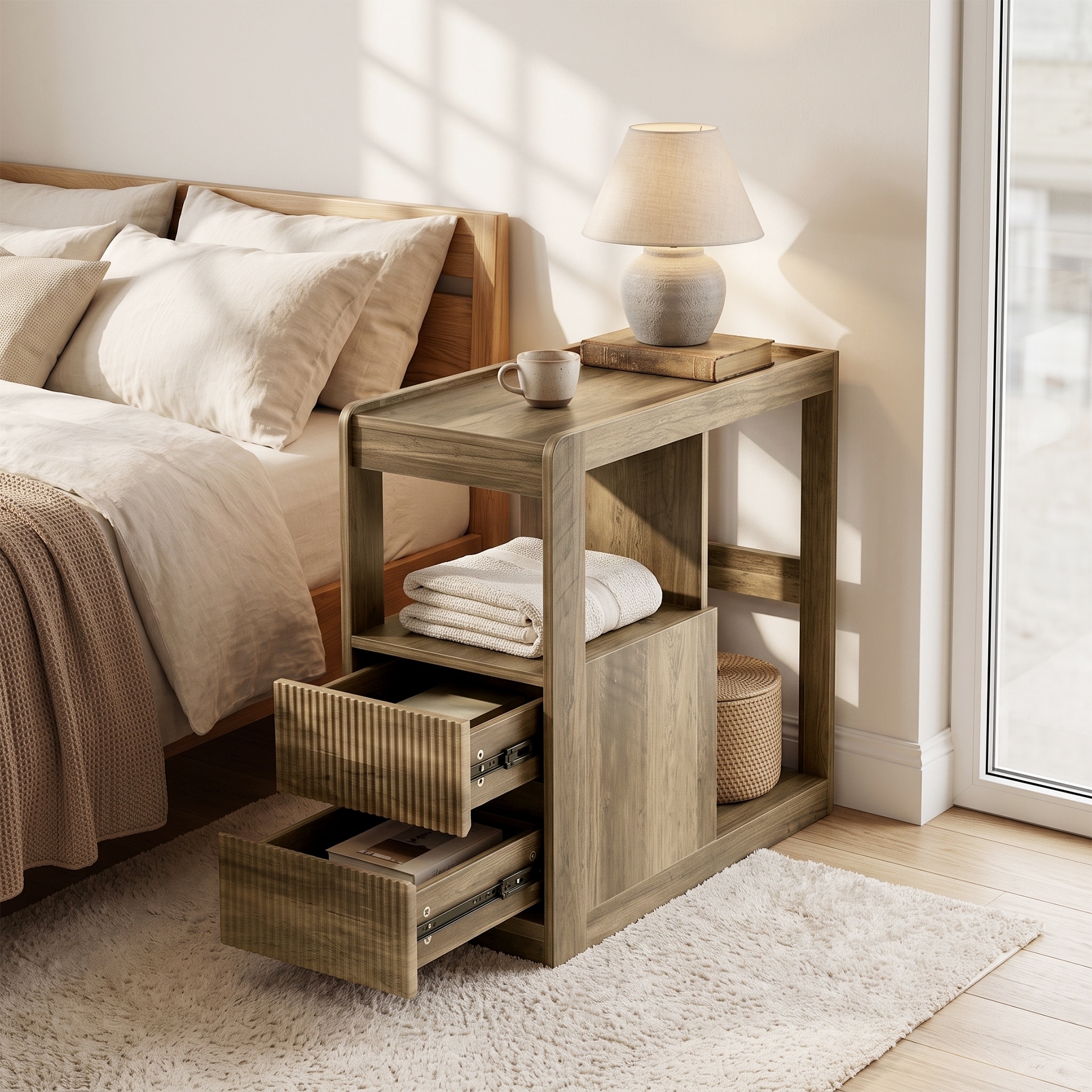 12.8″ Wide Rolling Nightstand with 2 Drawers & Open Storage, Walnut Veneer