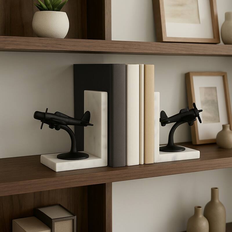 Decorative Airplane Bookends on Marble L-Shape Base - 6", Black &White - 6.25"