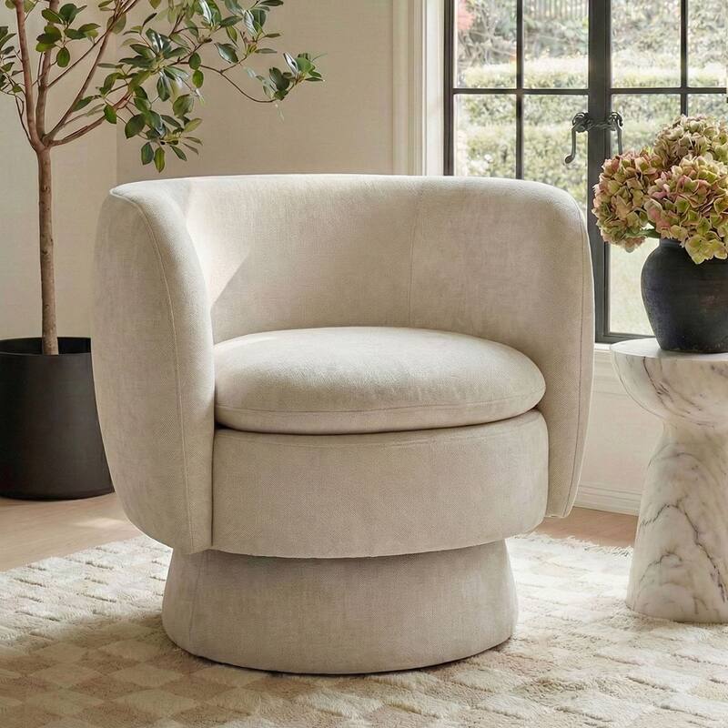 Modern Upholstered Swivel Barrel Accent Chair with Curved Back - Beige