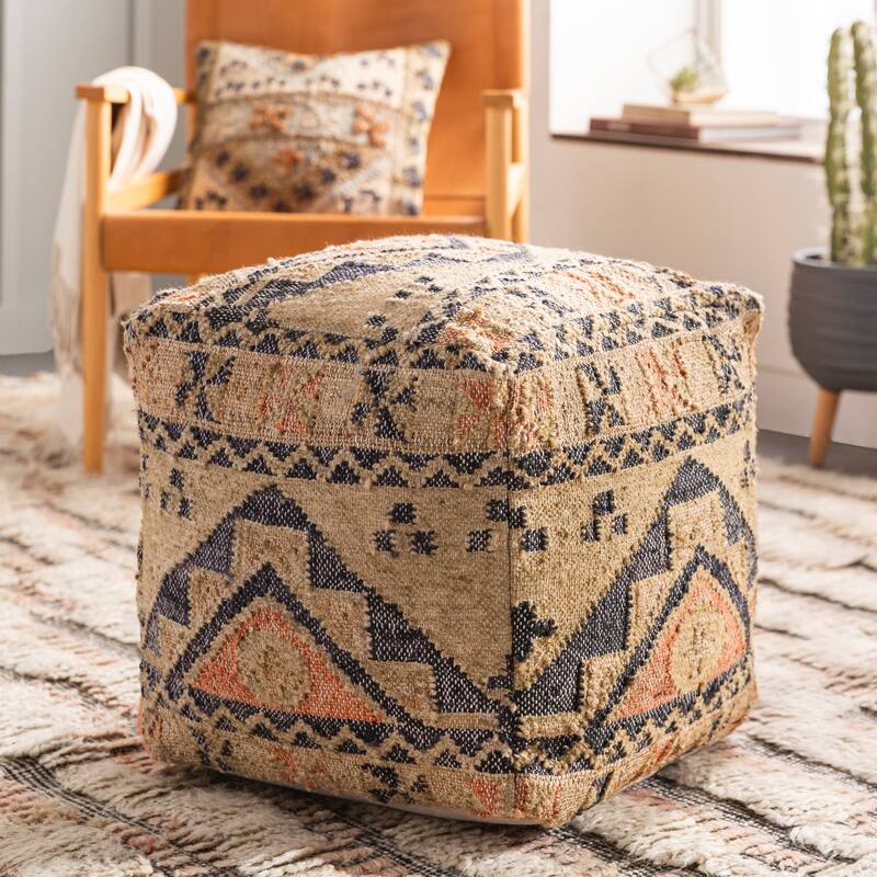 Fynley Southwestern Global Pouf - Pouf - 18"H x 18"W x 18"D - Polystyrene Beads - Beige - Single