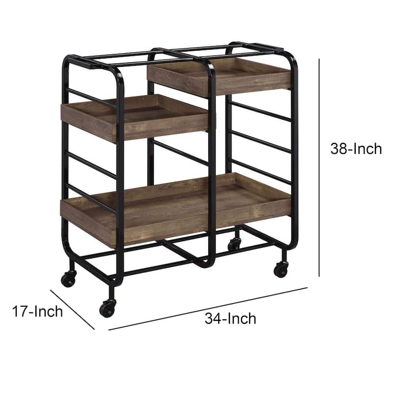 Metal Frame Serving Cart with 3 Open Storage and Casters, Brown and Black