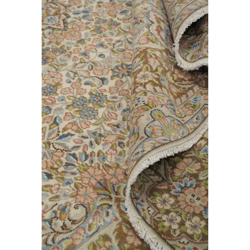 Hand Knotted Oriental 100% Wool Carpet Traditional Floral Beige & Ivories Kerman Area Rug - 11' 2'' X 7' 9''
