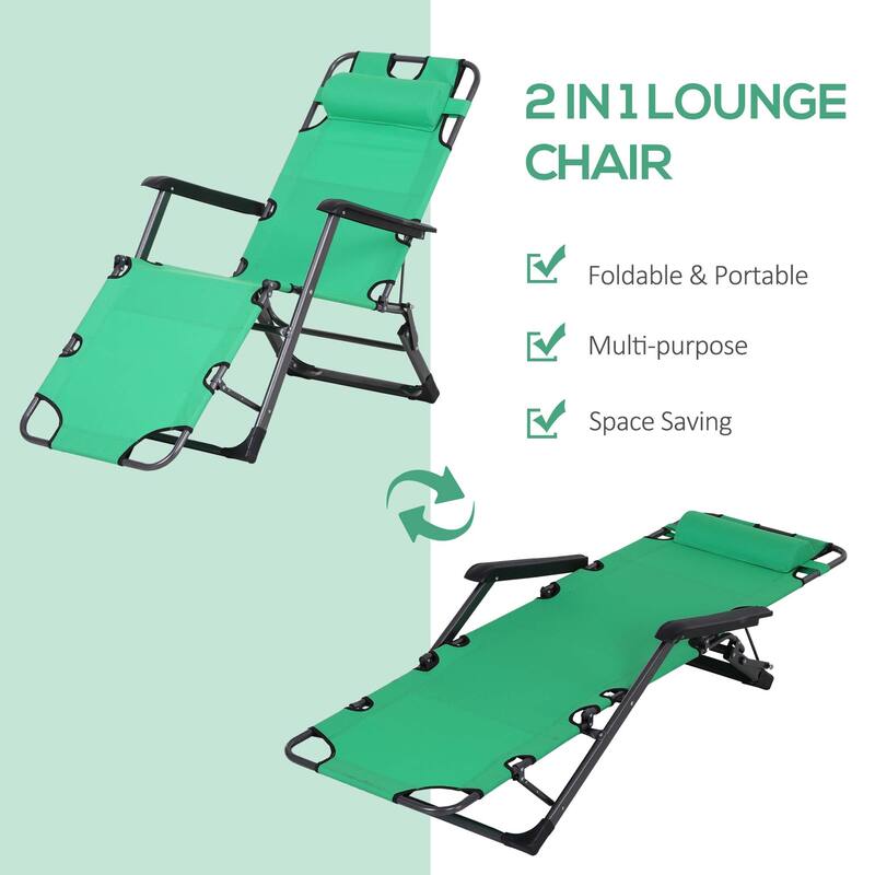 2-in-1 Foldable Sun Lounger Camping Chair with Adjustable Backrest, Headrest and Pocket for Poolside Patio