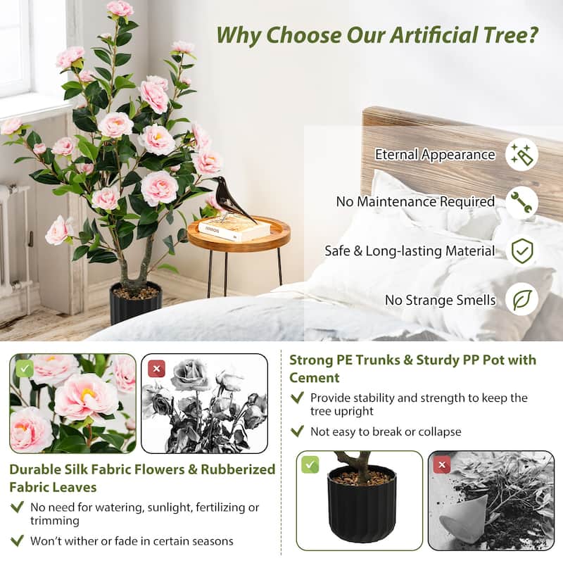 Artificial Pink Camellia Tree 38" with Silk Flowers and Rubberized Leaves in Decorative Pot - Multi