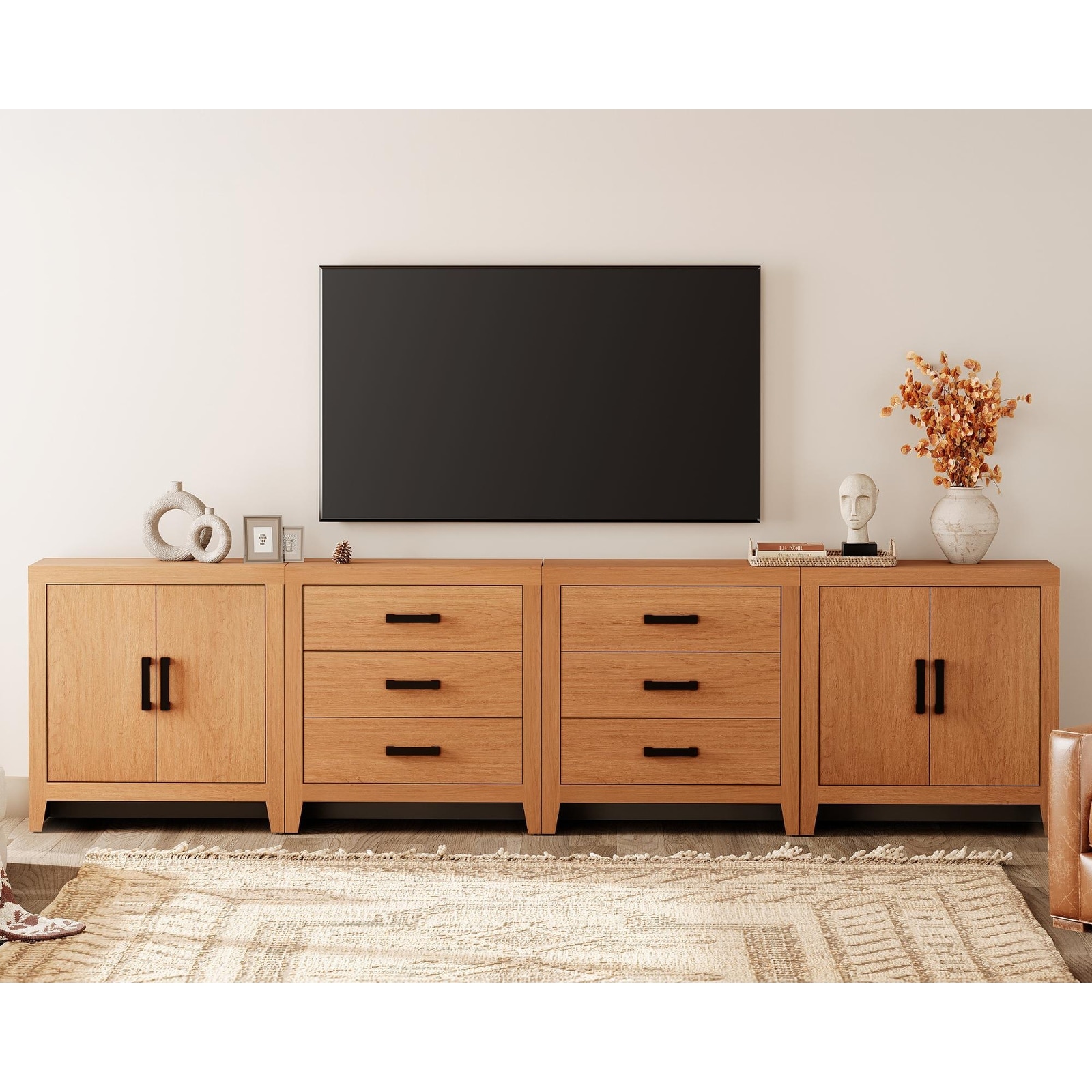 WAMPAT Extra Wide 126" Modern Farmhouse TV Stand，Wood Media Console with 6 Drawers & 2 Double Door Cabinets