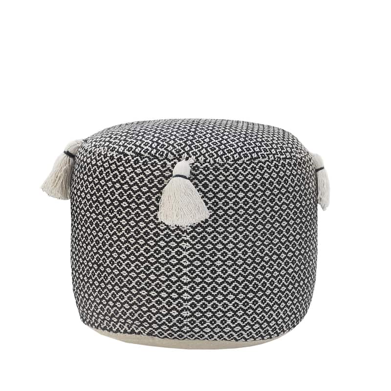 18" Black White Geometric Hcrafted Round Pouf Ottoman with Tassels