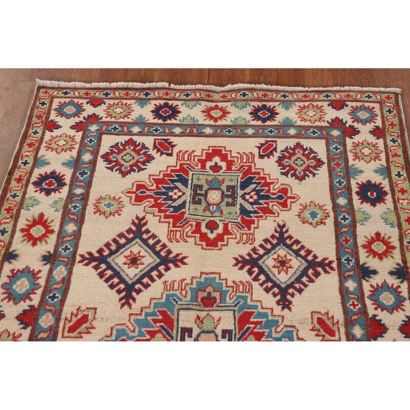 Beige / Ivory Kazak Oriental Accent Rug Handmade Wool Carpet - 3'6"x 5'2"