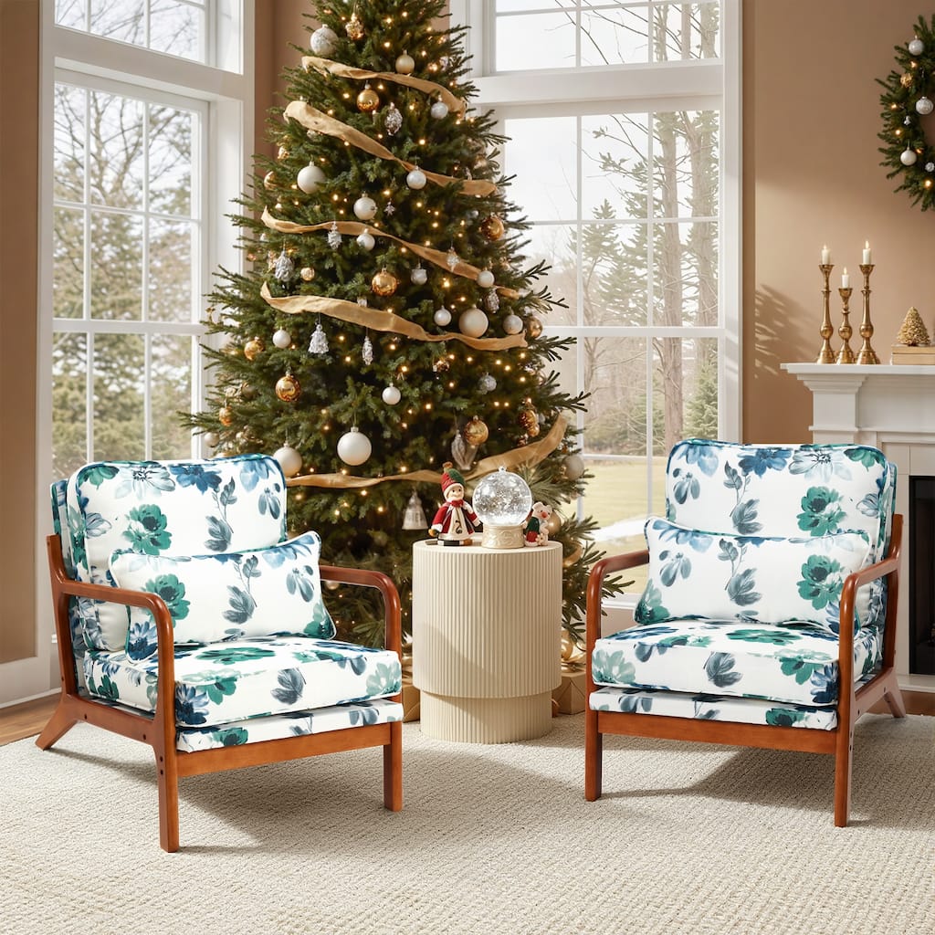 EROMMY Mid Century Modern Accent Chair - Floral Lounge Chair with Solid Rubber Wood Frame, 330lbs Capacity, Green