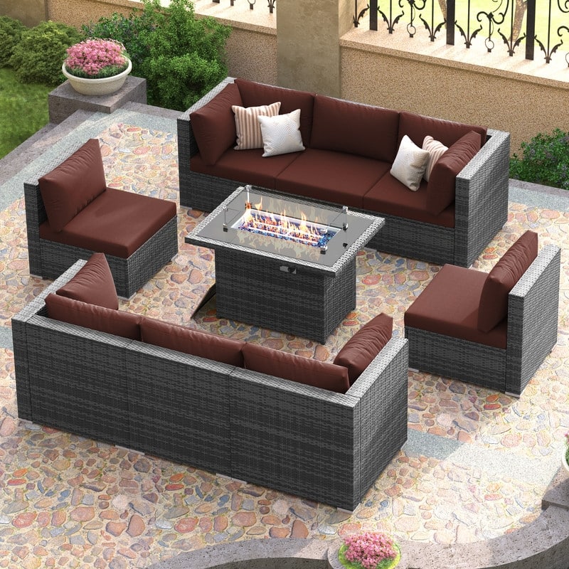 FINCATI 9-Piece Outdoor Wicker Patio Sectional Conversation Set with Fire Pit