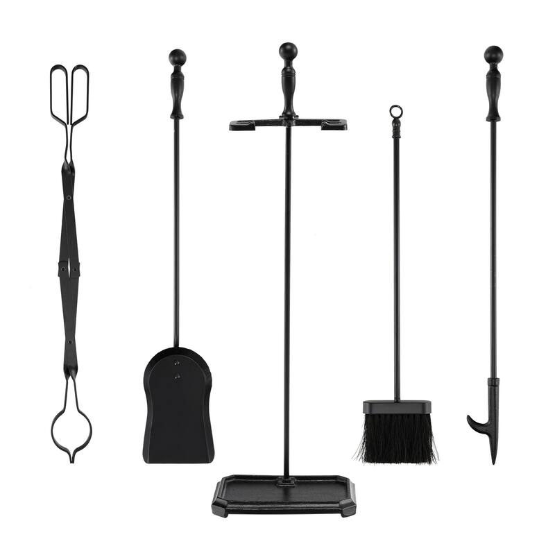 5-Piece Black Iron Fireplace Tool Set with Stand, Poker Tong Brush and Shovel for Home - 9" x 6.5" x 28"
