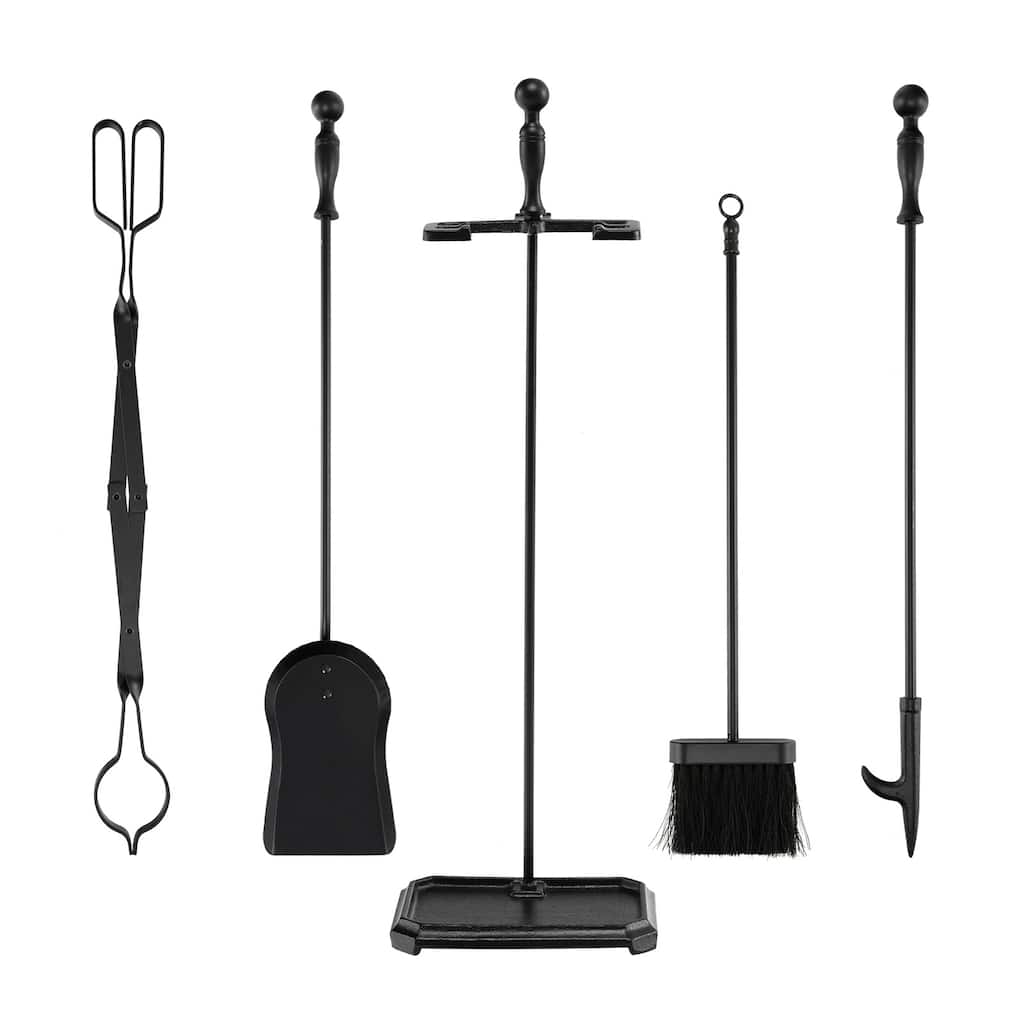 5-Piece Black Iron Fireplace Tool Set with Stand, Poker Tong Brush and Shovel for Home - 9" x 6.5" x 28"