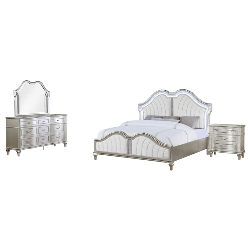 Nive 4pc Queen Bedroom Set, Ivory Channel Tufted Bed with Silver Oak