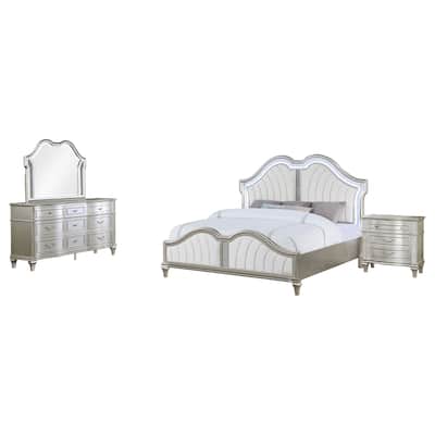 Nive 4pc Queen Bedroom Set, Ivory Channel Tufted Bed with Silver Oak