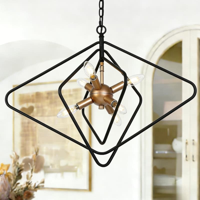 Modern Geometric 6-Light Black Gold Chandelier Sputnik Large Pendant Light Fixture for Kitchen Dining Room - 28.3 " × 19.7 "