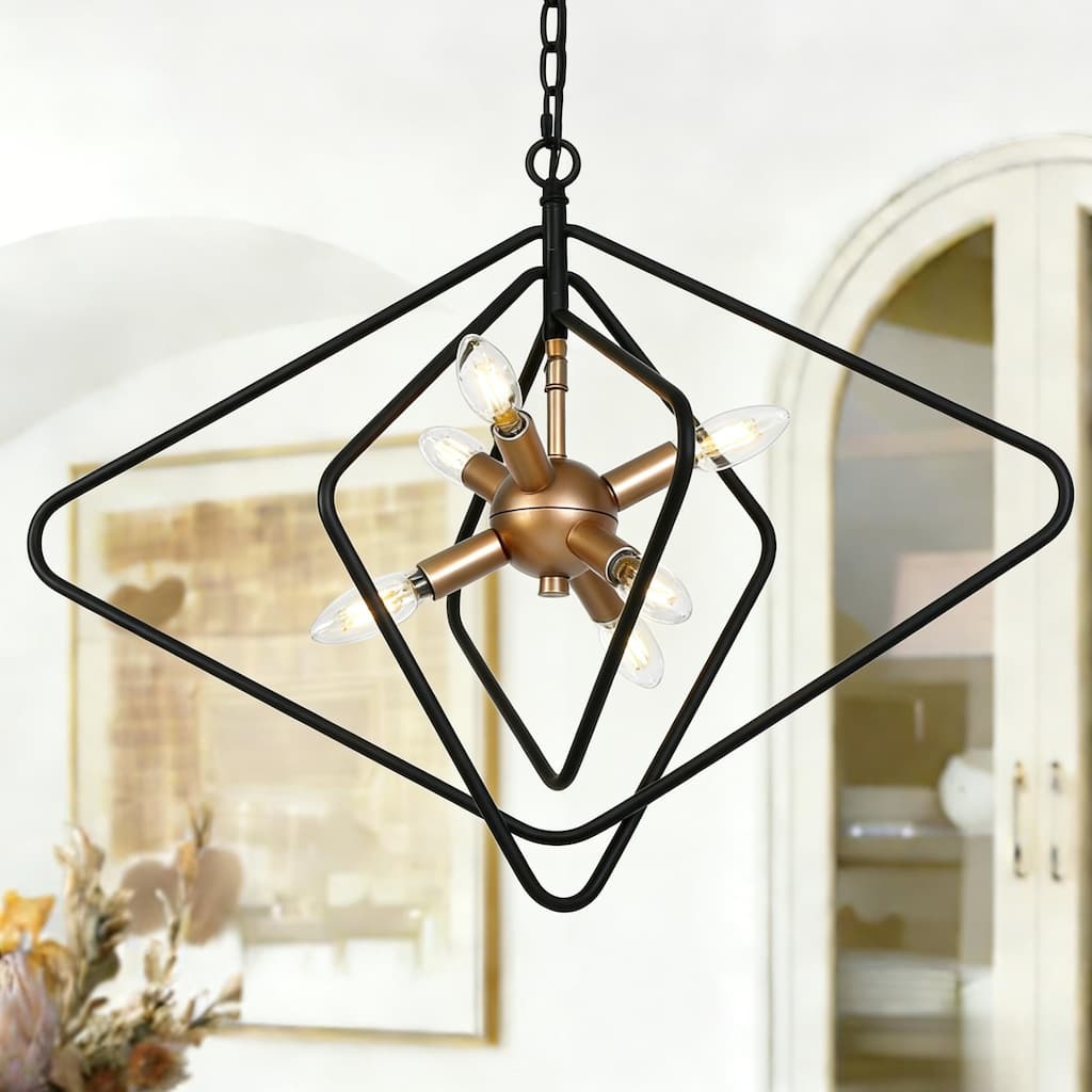 Modern Geometric 6-Light Black Gold Chandelier Sputnik Large Pendant Light Fixture for Kitchen Dining Room - 28.3 " × 19.7 "