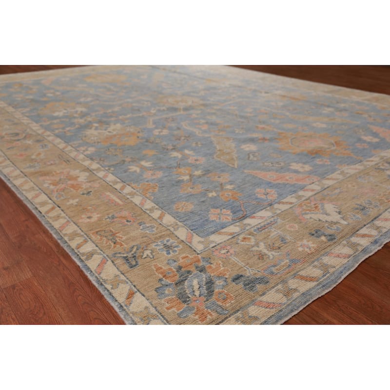 Hand Knotted Oriental 100% Wool Carpet Transitional All-Over Navy Blue & Blues Oushak Area Rug - 11' 10'' X 9' 1''