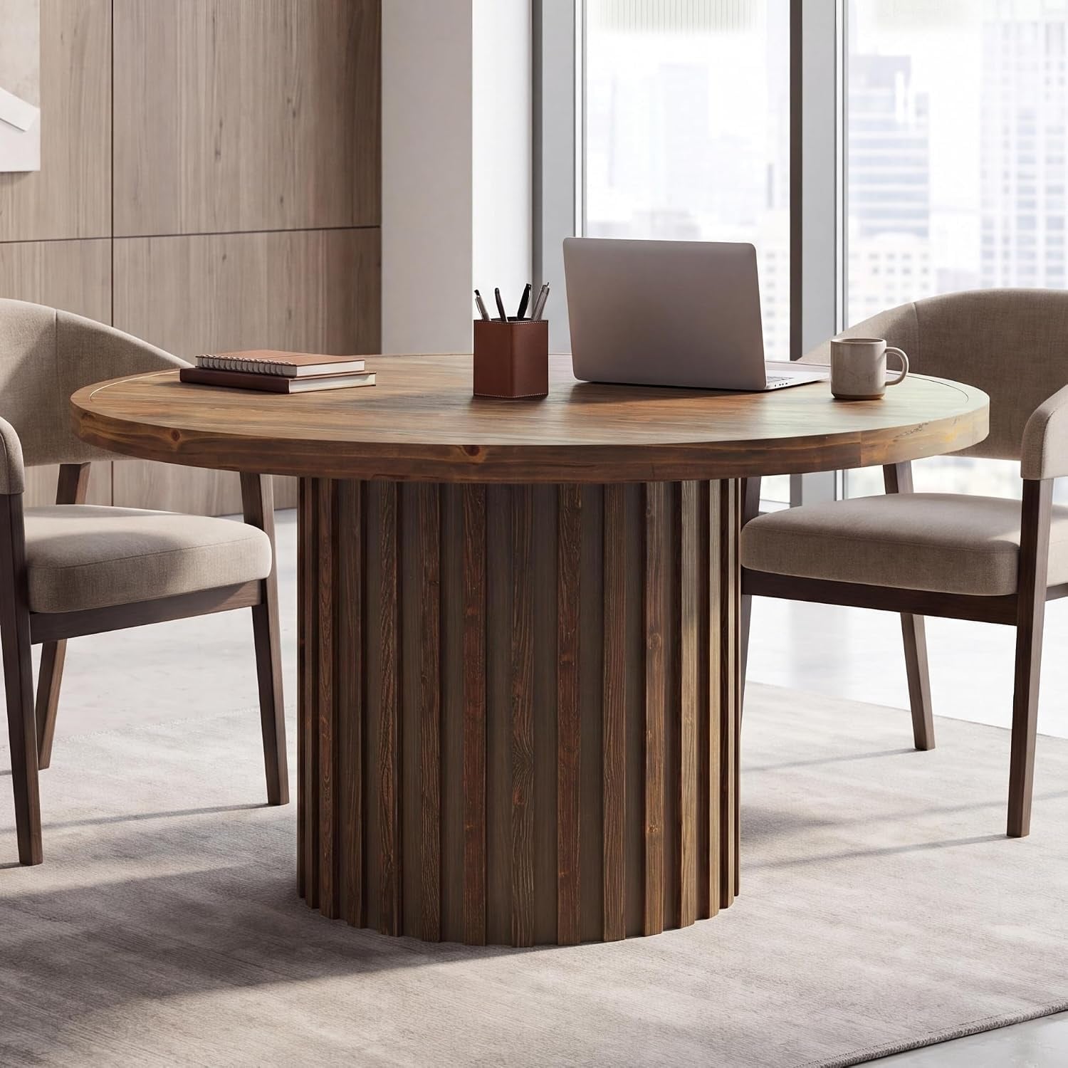 47-Inch Round Conference Table, Solid Wood Office Table for 4-6