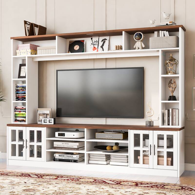 95.5" W Wall Unit Entertainment Center with Bookshelves for TVs up to 80", Modern TV Stand Media Console with Cabinets - White