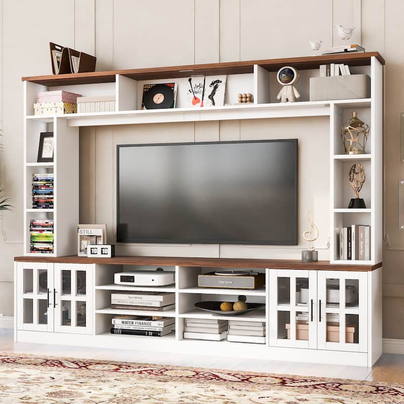 95.5"W Wall Unit Entertainment Center with Bookshelves for TVs up to 80",with Cabinets,Glass Doors and Adjustable Shelves - White