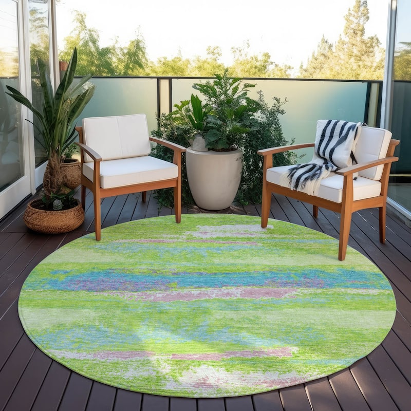 Machine Washable Indoor/ Outdoor Abstract Modern Chantille Rug - Lime - 8' x 8'