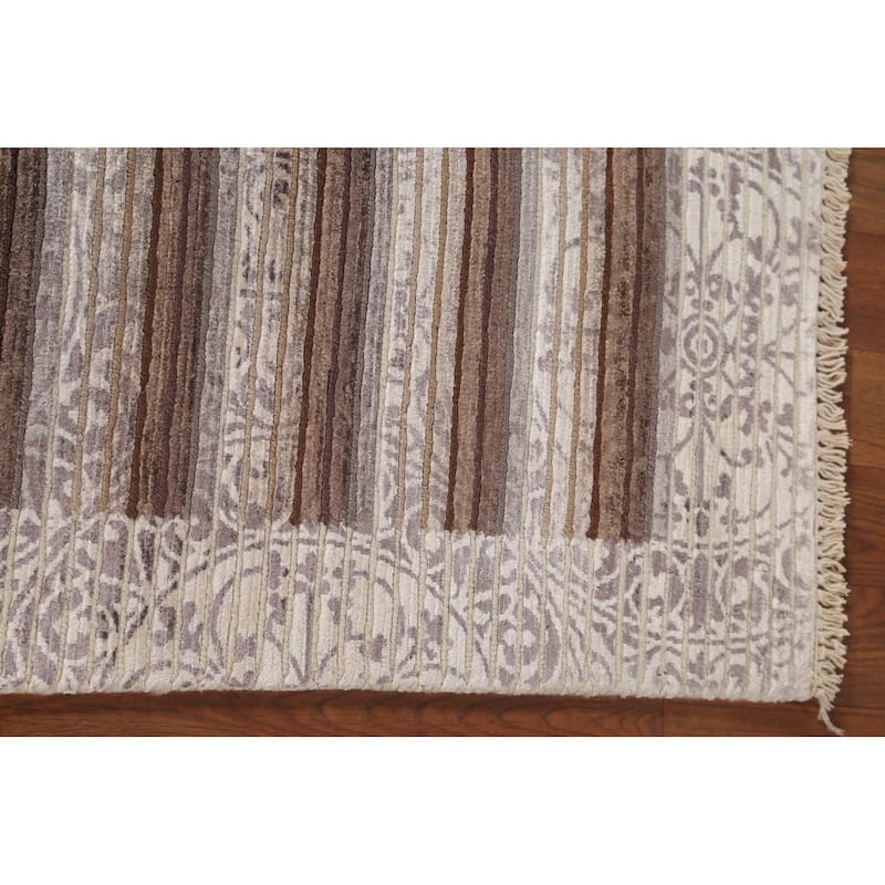 Striped Abstract Accent Rug Handmade Beige Wool Carpet - 2'8"x 4'8"
