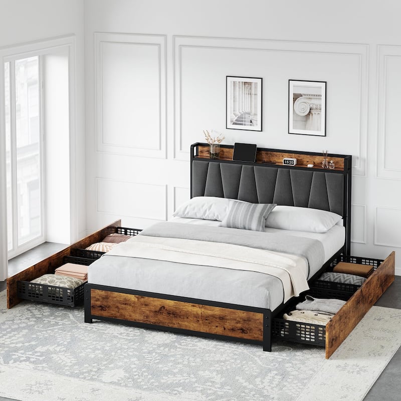 Bed Frame with Storage Linen Upholstered Headboard