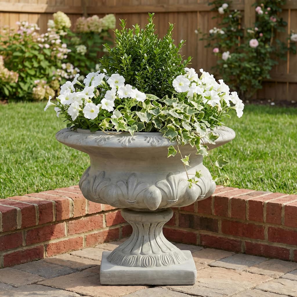 Christopher Knight Home - 18.5"H Classical Floral-Carved MGO Pedestal Urn Planter for Garden & Front Porch