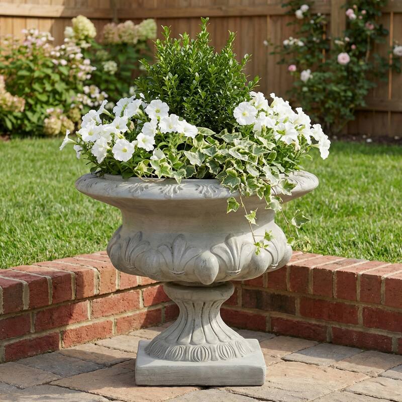 Christopher Knight Home - 18.5"H Classical Floral-Carved MGO Pedestal Urn Planter for Garden & Front Porch - Gray