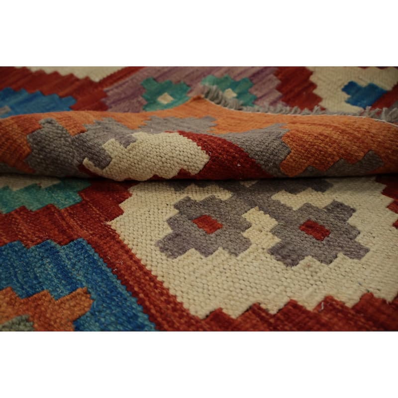 Hand Woven Oriental 100% Wool Carpet Southwestern Geometric Oranges & Rust Kilim Runner Rug - 9' 4'' X 2' 5''