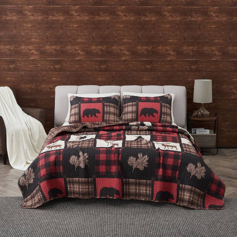 Premium Rustic Lodge All-Season Quilt Set - Red / Black - Twin