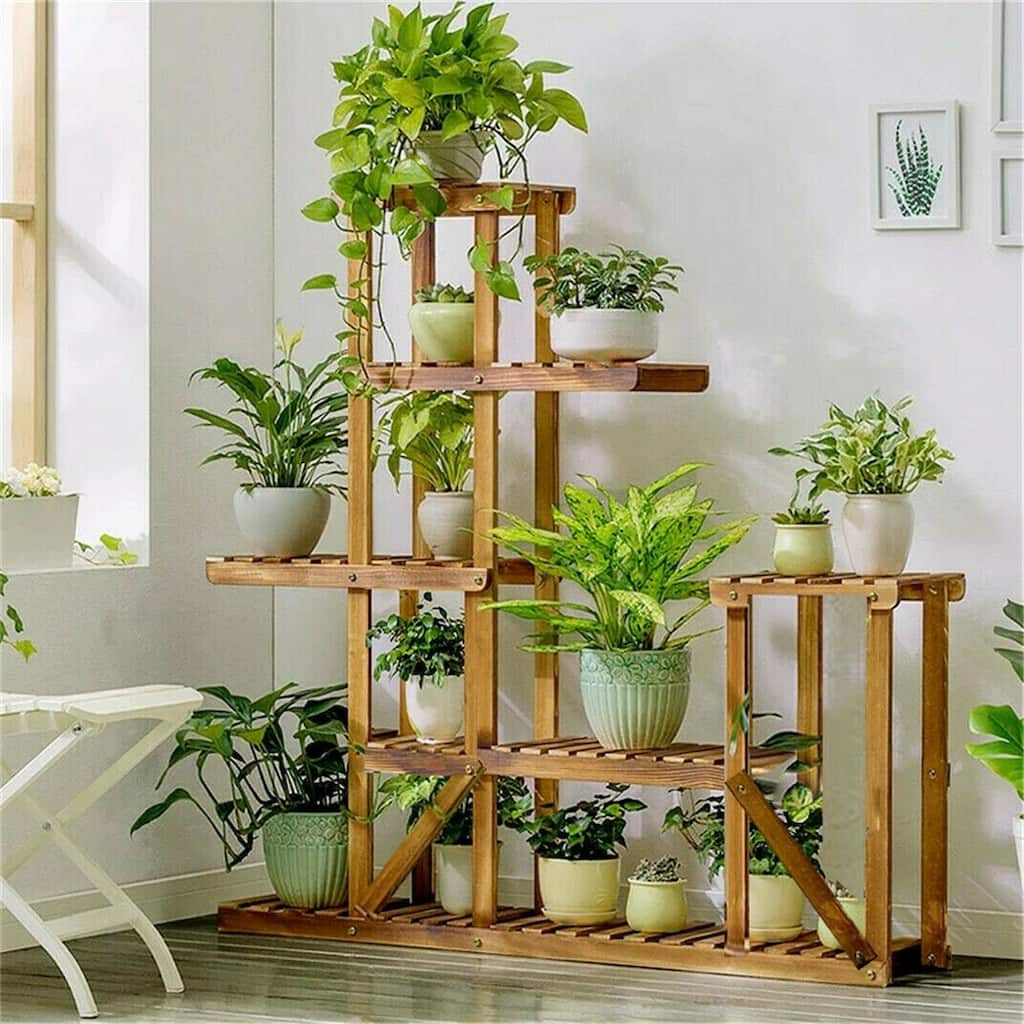Multi Tier Wood Flower Rack Plant Stand Shelves Bonsai Display Indoor