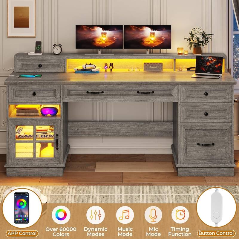 Executive Desk with Drawers Computer Desk with File Drawers Power Outlet LED Lights Storage Cabinet Monitor Shelf